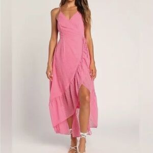 Lulus Pink Sleeveless Midi Wrap Dress Swiss Dot High-Low Hem V-Neck Size XL